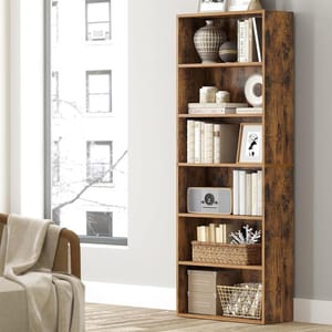 A tall wooden bookshelf with various decorative items and books, placed next to a window in a bright room.