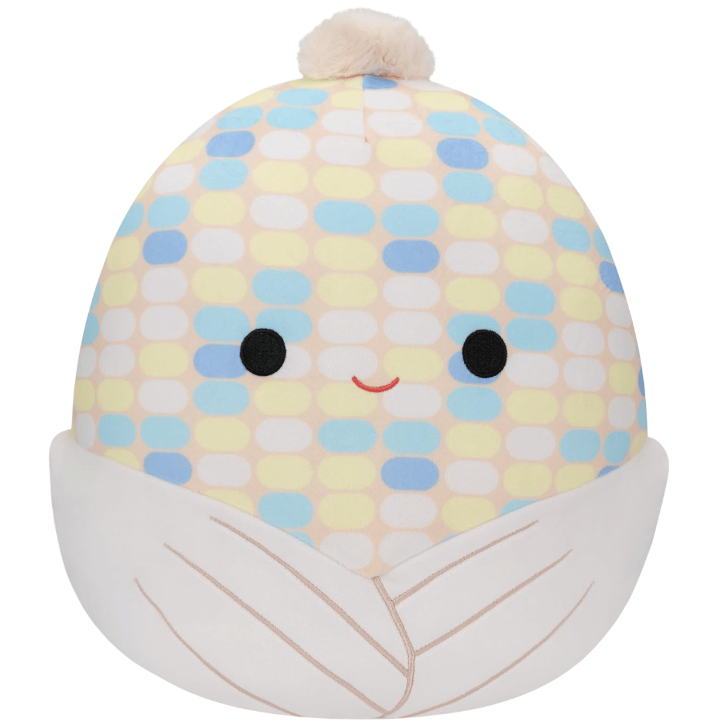 A plush pillow shaped like an ear of corn with a cute face, featuring a colorful kernel pattern and a fluffy top.
