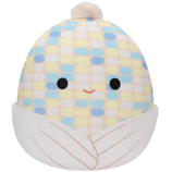 A plush pillow shaped like an ear of corn with a cute face, featuring a colorful kernel pattern and a fluffy top.