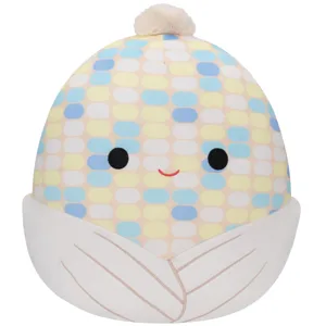 A plush pillow shaped like an ear of corn with a cute face, featuring a colorful kernel pattern and a fluffy top.