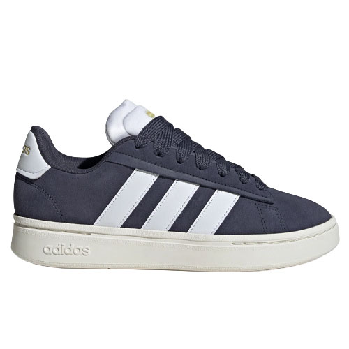 A navy Adidas sneaker with white stripes, white sole, and a gold Adidas logo on the heel.