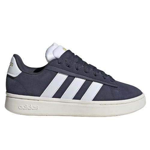 A navy Adidas sneaker with white stripes, white sole, and a gold Adidas logo on the heel.