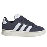 A navy Adidas sneaker with white stripes, white sole, and a gold Adidas logo on the heel.