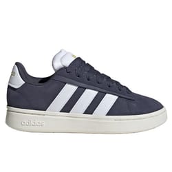 A navy Adidas sneaker with white stripes, white sole, and a gold Adidas logo on the heel.
