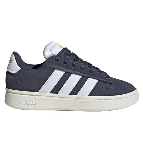 A navy Adidas sneaker with white stripes, white sole, and a gold Adidas logo on the heel.