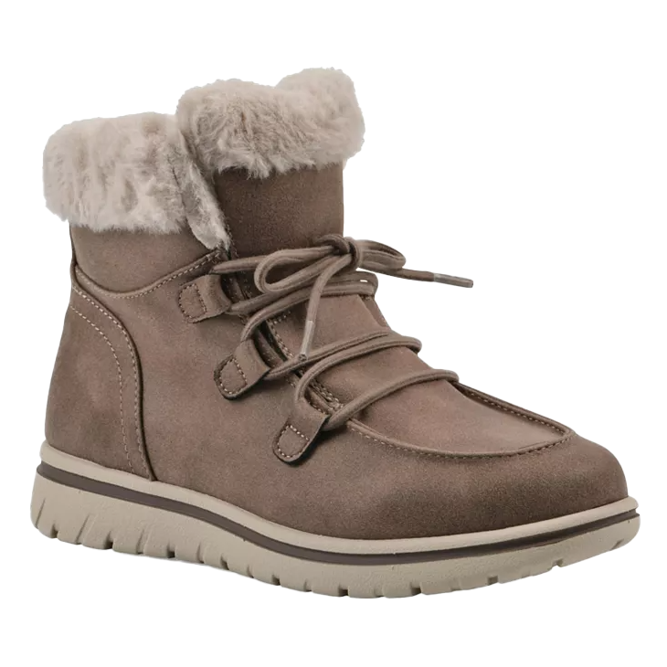 Cliffs by White Mountain Booties feature a taupe suede exterior, faux fur trim, and lace-up design. They have a cushioned sole with grippy tread for added comfort and traction.