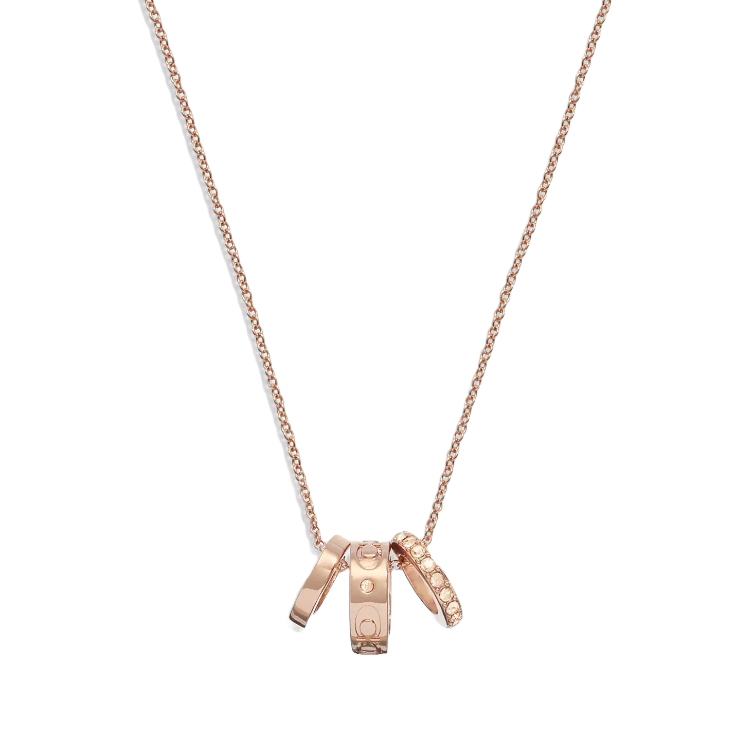 A rose gold-tone necklace featuring a delicate chain and three miniature rings as pendants, adorned with signature engravings and embellishments.