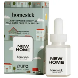 Homesick New Home fragrance refill by Pura, crafted with essential oils and hand-poured in the USA, includes a 10 mL bottle.