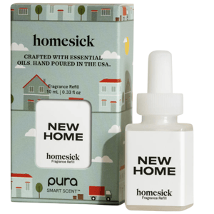 Homesick New Home fragrance refill by Pura, crafted with essential oils and hand-poured in the USA, includes a 10 mL bottle.