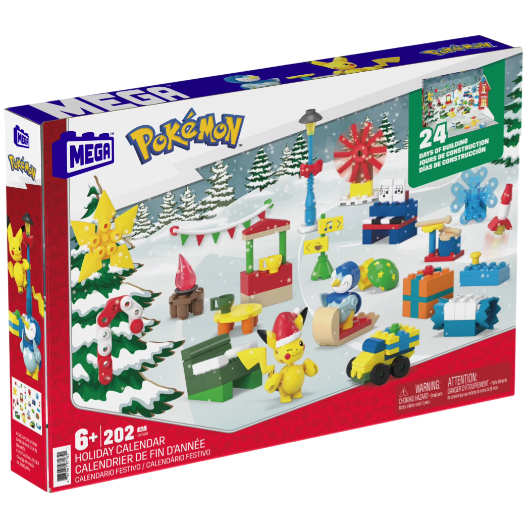 Mega Pokémon Holiday Calendar for ages 6+, featuring 202 building pieces and 24 days of building activities, with festive Pokémon-themed decorations.