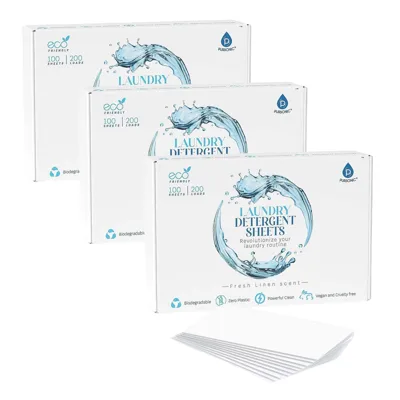 Eco-friendly laundry detergent sheets, Fresh Linen scent, 100 sheets for 200 loads per box. Biodegradable, zero plastic, vegan, and cruelty-free.