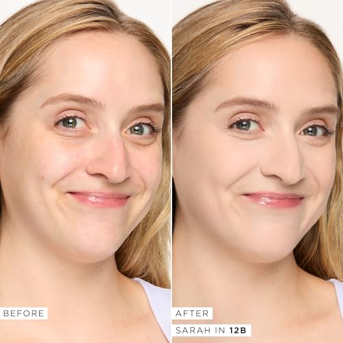 Side-by-side comparison shows the skin transformation of a person using a makeup foundation, labeled as \“Sarah in 12B,\“ with improved complexion in the \“after\“ image.