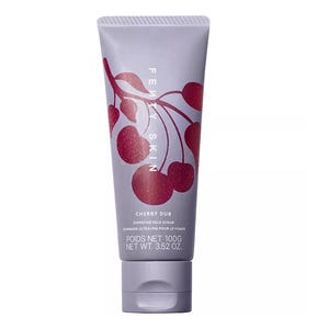 Fenty Skin Cherry Dub Face Scrub is a 3.52 oz tube featuring a cherry design. It is labeled as a superfine face scrub designed for exfoliation.