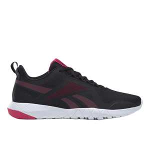 Black athletic shoe with maroon accents, features a breathable mesh upper, white cushioned sole, and maroon heel detail.