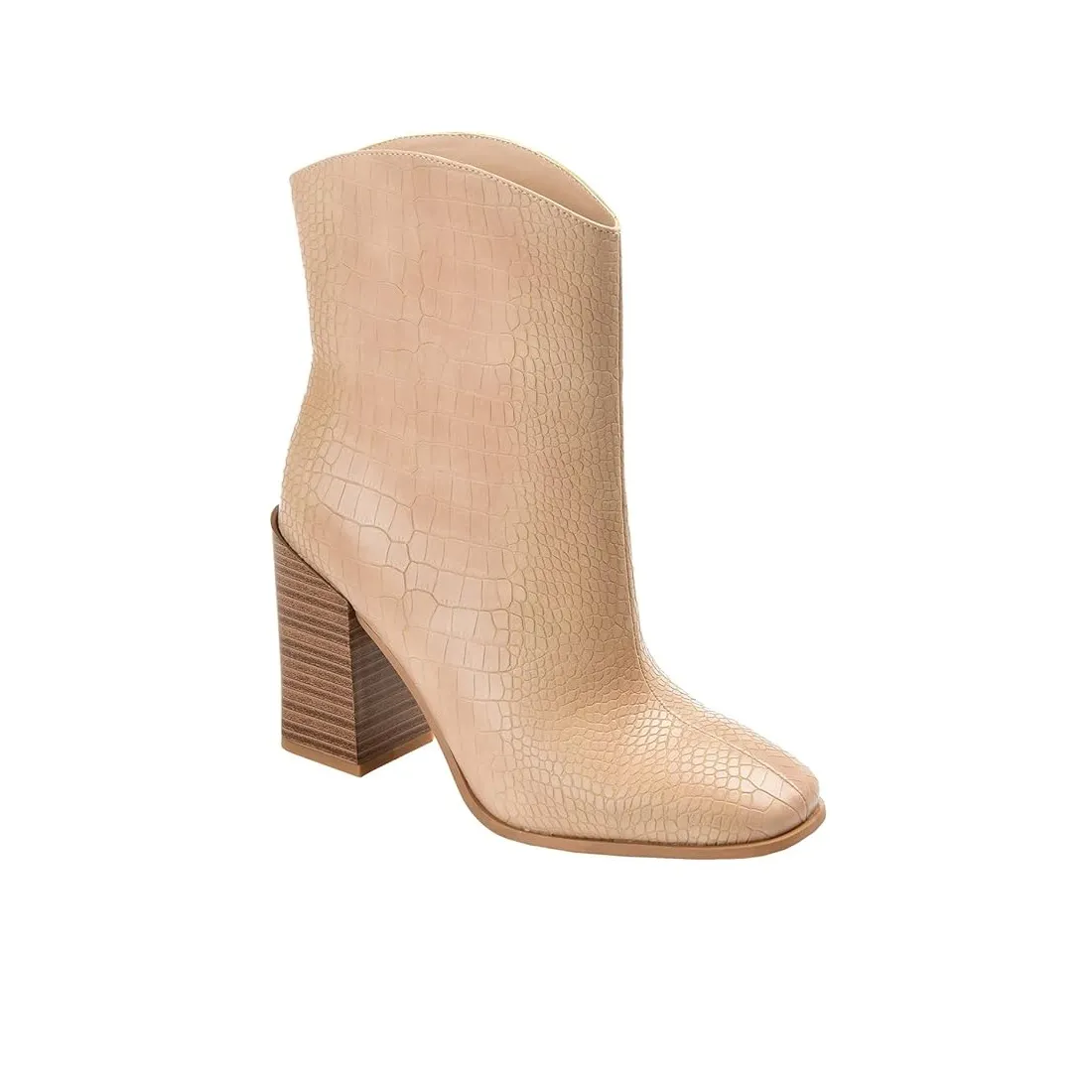 Beige ankle boot with a croc-embossed design, featuring a block heel and almond toe.