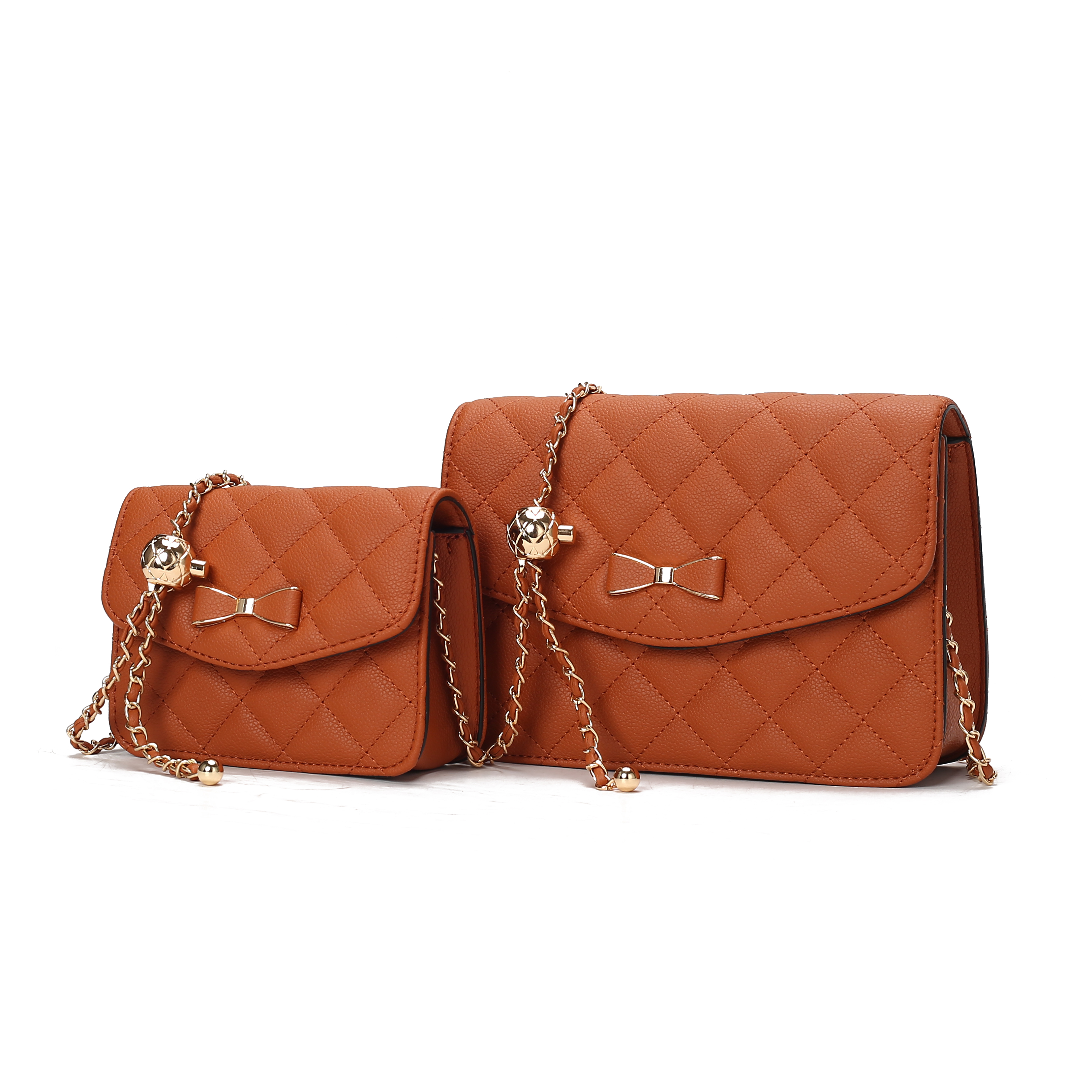 Two quilted brown handbags, one larger and one smaller, each featuring a bow accent and a gold chain strap.