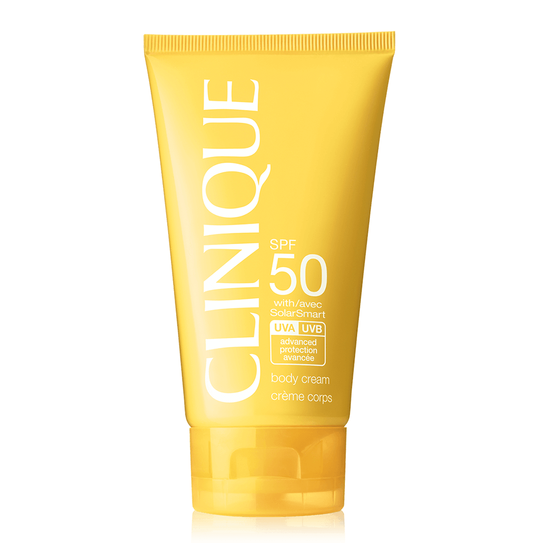 Clinique SPF 50 Sunscreen Cream features SolarSmart technology for UVA/UVB protection and comes in a yellow tube. It's designed as an advanced body cream to provide broad-spectrum sun protection.