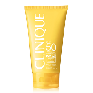 Clinique SPF 50 Sunscreen Cream features SolarSmart technology for UVA/UVB protection and comes in a yellow tube. It's designed as an advanced body cream to provide broad-spectrum sun protection.