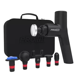 PROfit percussion massager with hot/cold feature, shown with a carrying case and five interchangeable attachments, offers customizable massage therapy for muscle relaxation and recovery.
