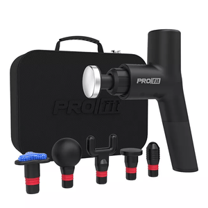 PROfit percussion massager with hot/cold feature, shown with a carrying case and five interchangeable attachments, offers customizable massage therapy for muscle relaxation and recovery.