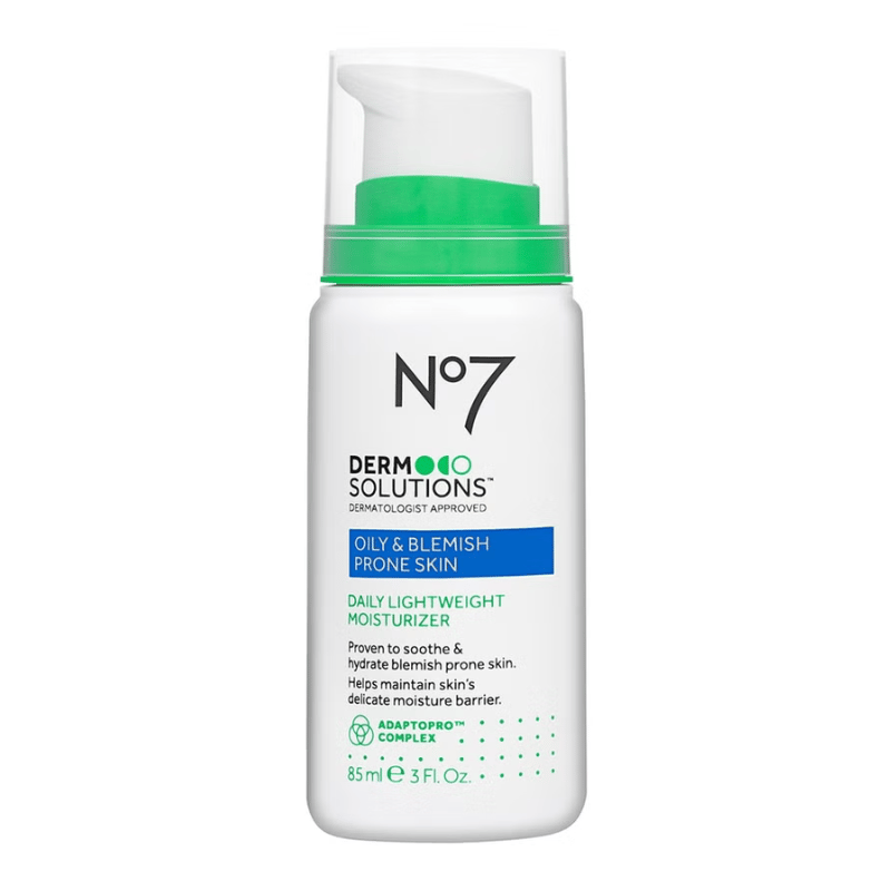 No7 Derm Solutions Daily Lightweight Moisturizer is designed for oily and blemish-prone skin, soothing and hydrating while maintaining moisture balance. Contains AdaptiPro™ Complex, 85 ml (3 fl oz).