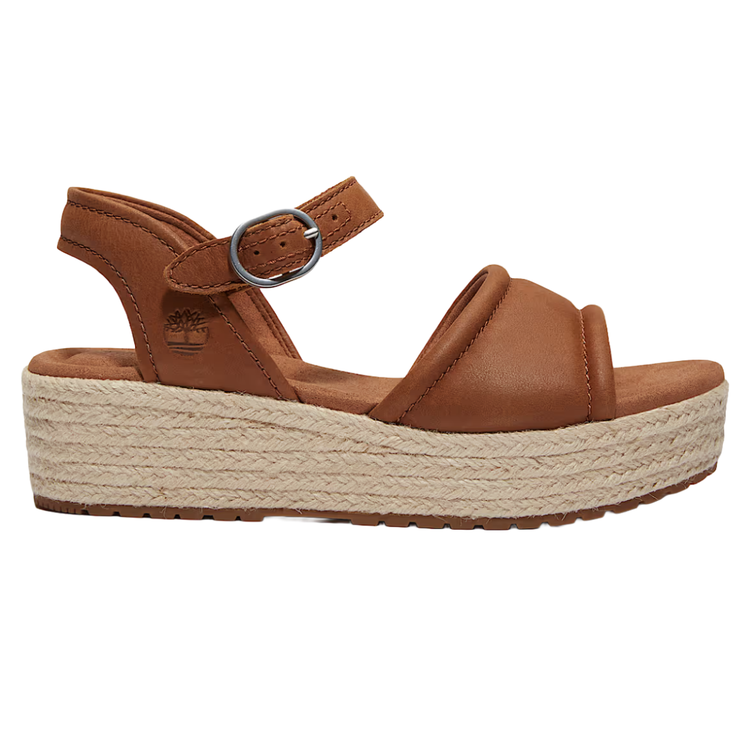 A brown platform sandal with an ankle strap and buckle, featuring a woven jute sole.