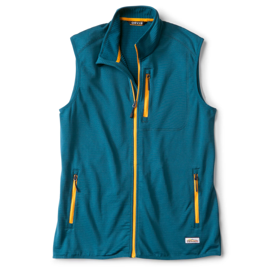 Teal sleeveless vest with a high collar, featuring bright orange zippers along the front, chest pocket, and two side pockets. The Orvis brand is visible on the chest and bottom hem.