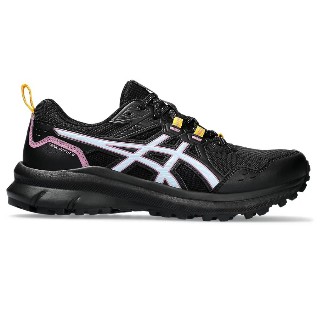 A pair of black trail running shoes with pink and white accents and a rugged sole.