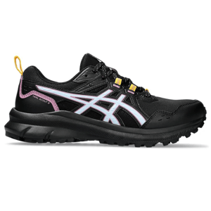 A pair of black trail running shoes with pink and white accents and a rugged sole.