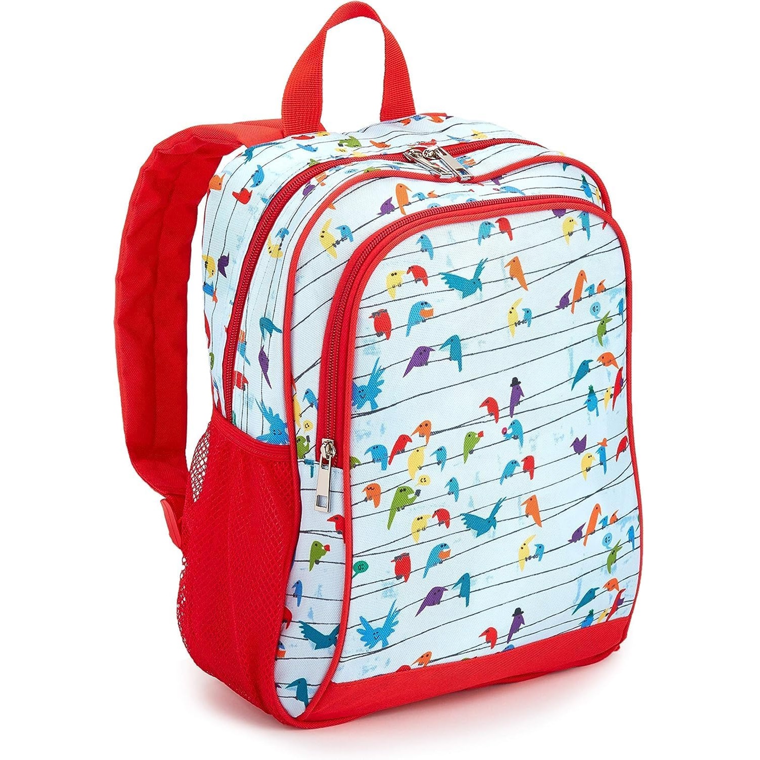 Child's backpack featuring a colorful bird print on a white background with red zippers and side mesh pocket.
