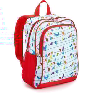 Child's backpack featuring a colorful bird print on a white background with red zippers and side mesh pocket.