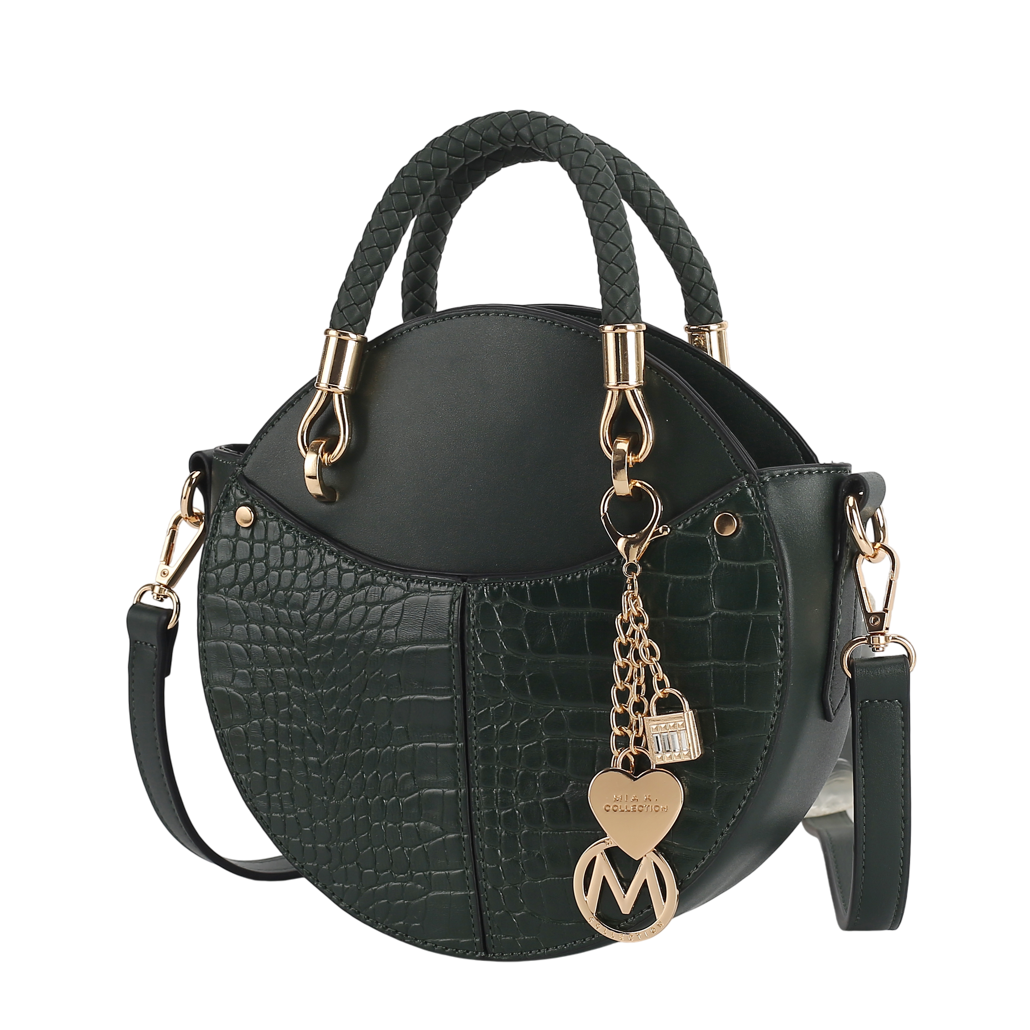 A round, dark green handbag with a textured, crocodile-patterned surface, featuring dual handles, a detachable shoulder strap, and gold-toned chain accents with decorative charms.