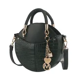 A round, dark green handbag with a textured, crocodile-patterned surface, featuring dual handles, a detachable shoulder strap, and gold-toned chain accents with decorative charms.