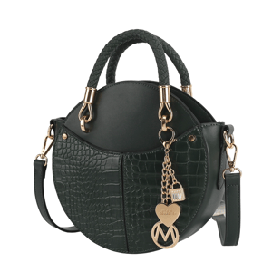 A round, dark green handbag with a textured, crocodile-patterned surface, featuring dual handles, a detachable shoulder strap, and gold-toned chain accents with decorative charms.