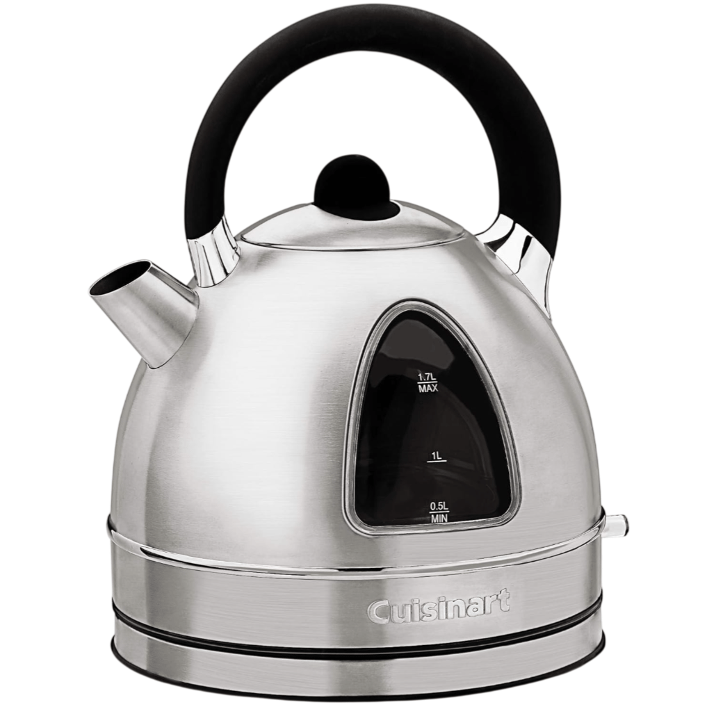 Electric kettle with a stainless steel finish, black handle, and water level indicator, marked with a 1.7-liter maximum capacity.