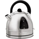 Electric kettle with a stainless steel finish, black handle, and water level indicator, marked with a 1.7-liter maximum capacity.