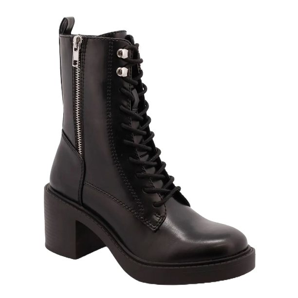 Black leather ankle boots with a chunky heel, side zipper, and lace-up front.
