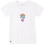 White V-neck T-shirt featuring a colorful flower vase graphic with the text \“Life is Good\“ inside the vase.