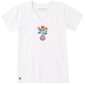White V-neck T-shirt featuring a colorful flower vase graphic with the text \“Life is Good\“ inside the vase.
