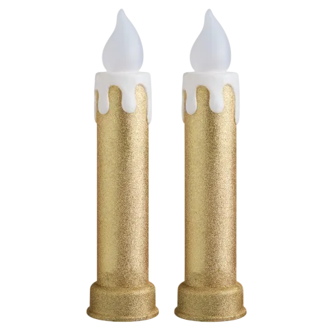 Two gold glitter LED candles with white wax drips and flame-shaped tops.