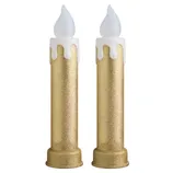 Two gold glitter LED candles with white wax drips and flame-shaped tops.