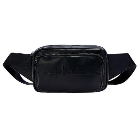 Black leather belt bag with embossed \“phluid\“ logo, two zippered compartments, and an adjustable strap.