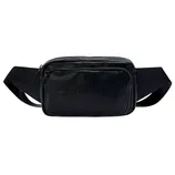 Black leather belt bag with embossed \“phluid\“ logo, two zippered compartments, and an adjustable strap.