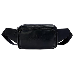 Black leather belt bag with embossed \“phluid\“ logo, two zippered compartments, and an adjustable strap.