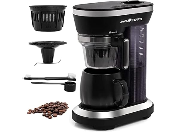Coffee maker with detachable components, coffee beans, and cleaning utensils.