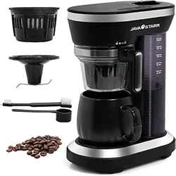 Coffee maker with detachable components, coffee beans, and cleaning utensils.