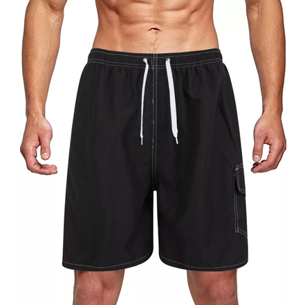 Men's black swim trunks with an elastic waistband, white drawstring, and side pocket.