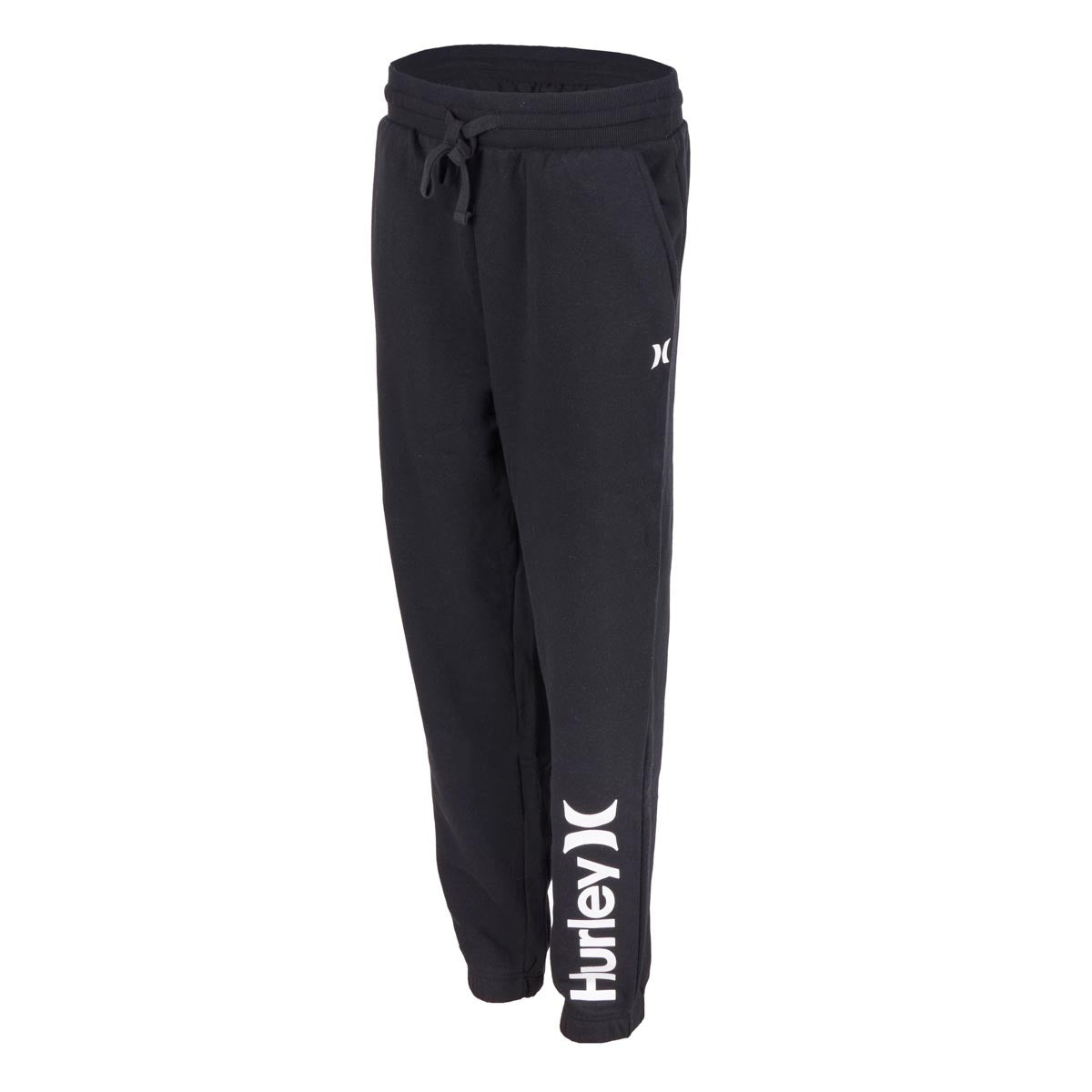 Black Hurley Women's Joggers with a drawstring waist feature a white Hurley logo down the left leg.