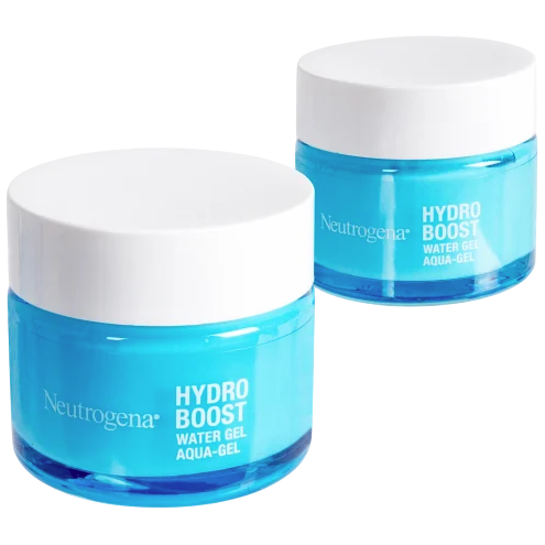 Two jars of Neutrogena Hydro Boost Water Gel, with blue containers and white lids.