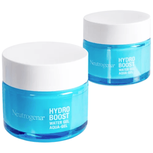 Two jars of Neutrogena Hydro Boost Water Gel, with blue containers and white lids.